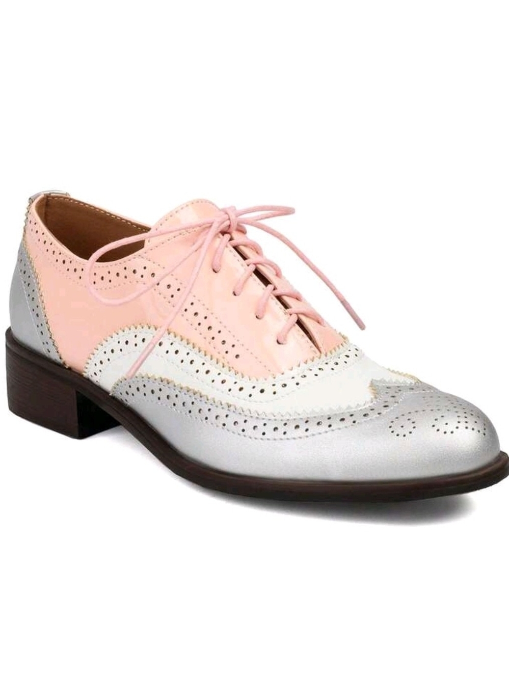 SHEIN Pink, Silver & White Brogue Lace-Up Oxford Flats